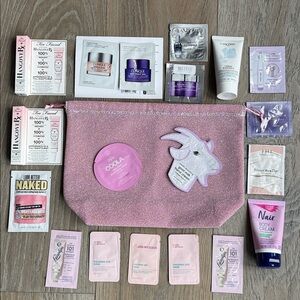 20 Travel/ Sample Skincare Samples & Pink Glitter Makeup Accessories Travel Bag